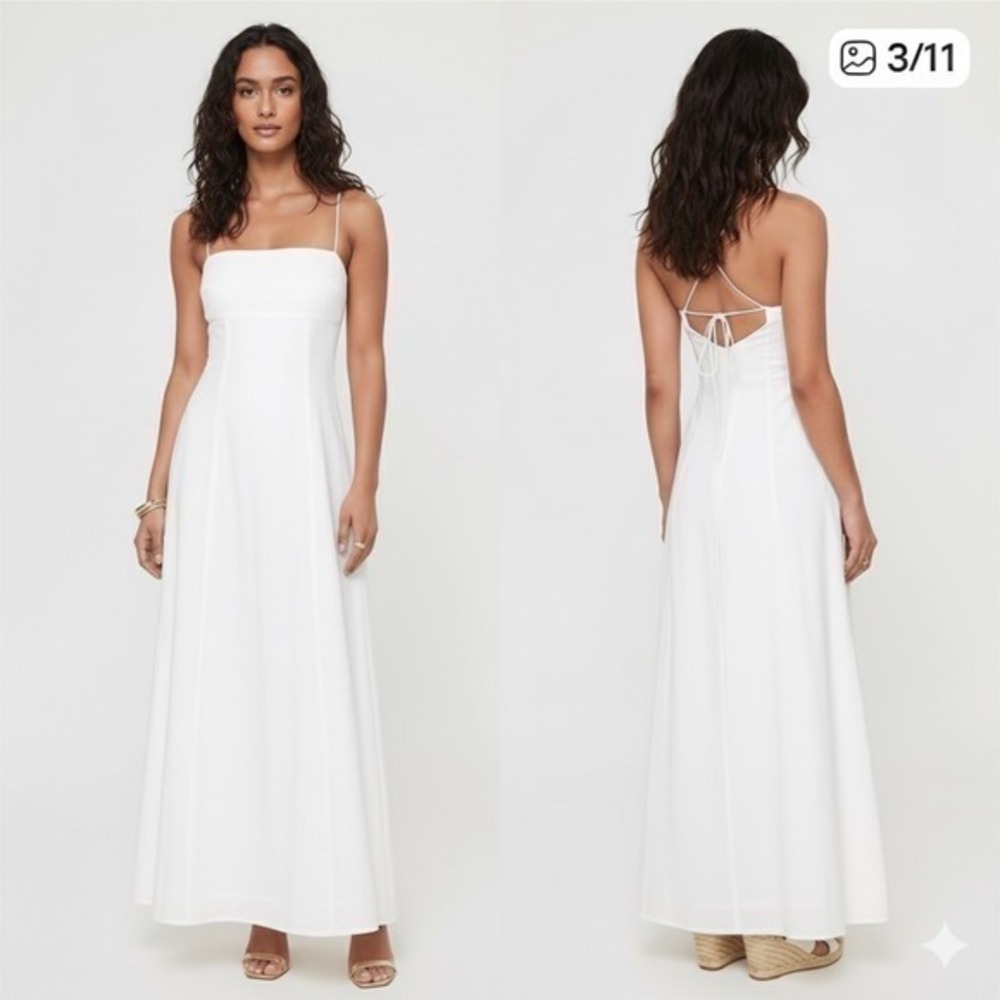 Princess Polly Brightwell  White Linen Blend Maxi Dress Square Neck Tie Back 8